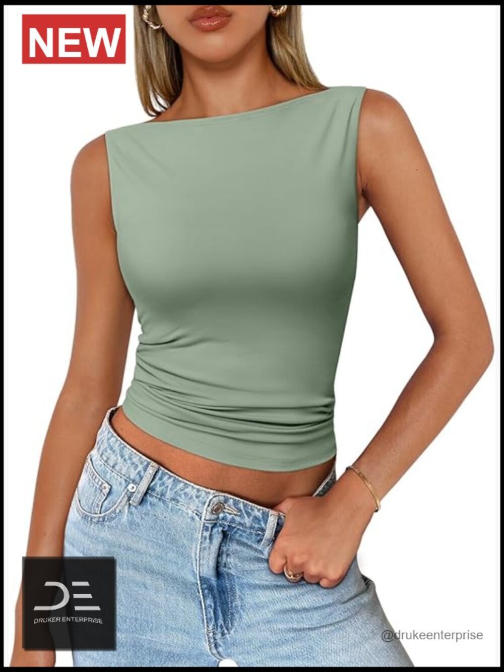Sleeveless Boat Neck Tank Top, Nylon Spandex, Summer Vacation Outfit